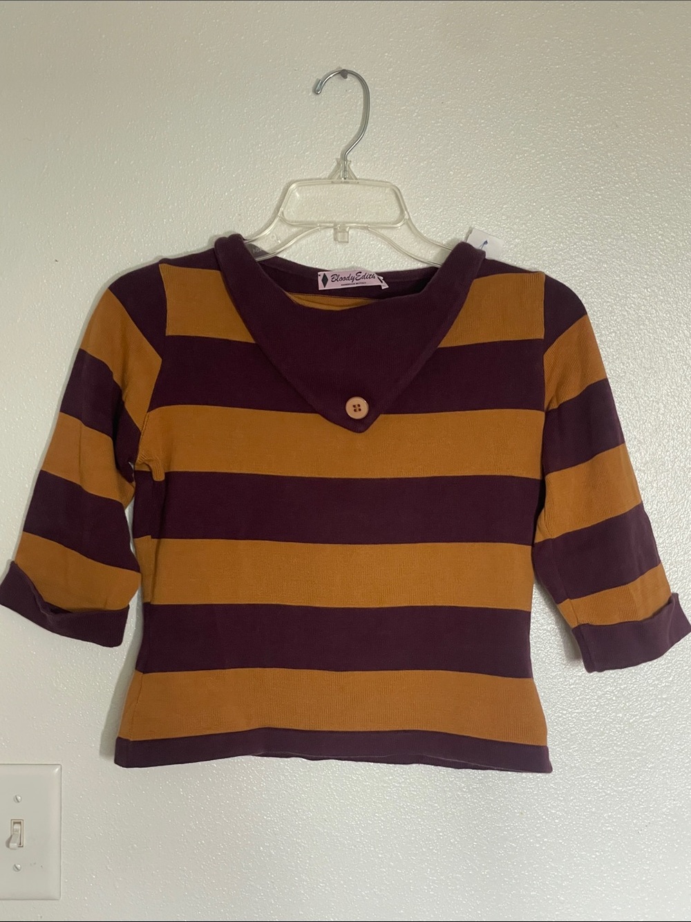 Striped Long-Sleeve Tee with Button Collar - Maroon & Mustard
